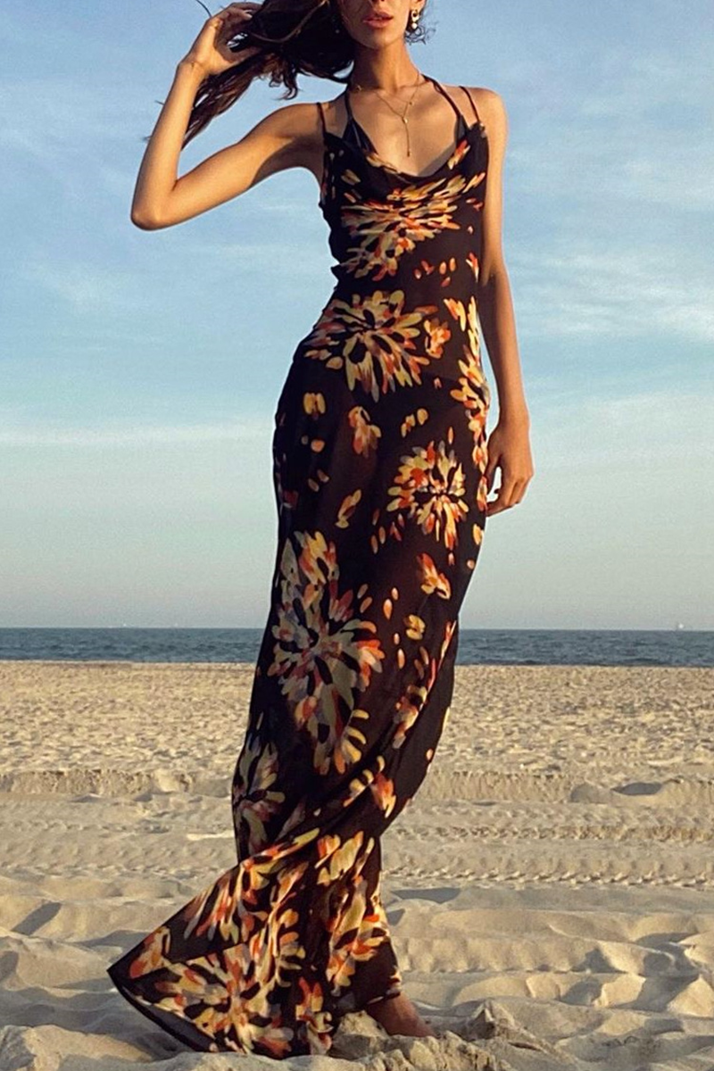 Sexy Print Patchwork Spaghetti Strap Pencil Skirt Dresses