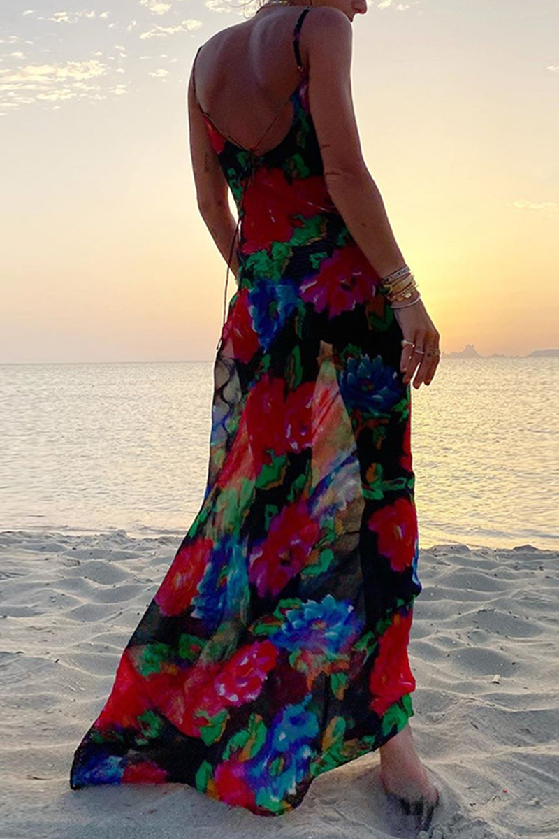 Sexy Print Patchwork Spaghetti Strap Pencil Skirt Dresses