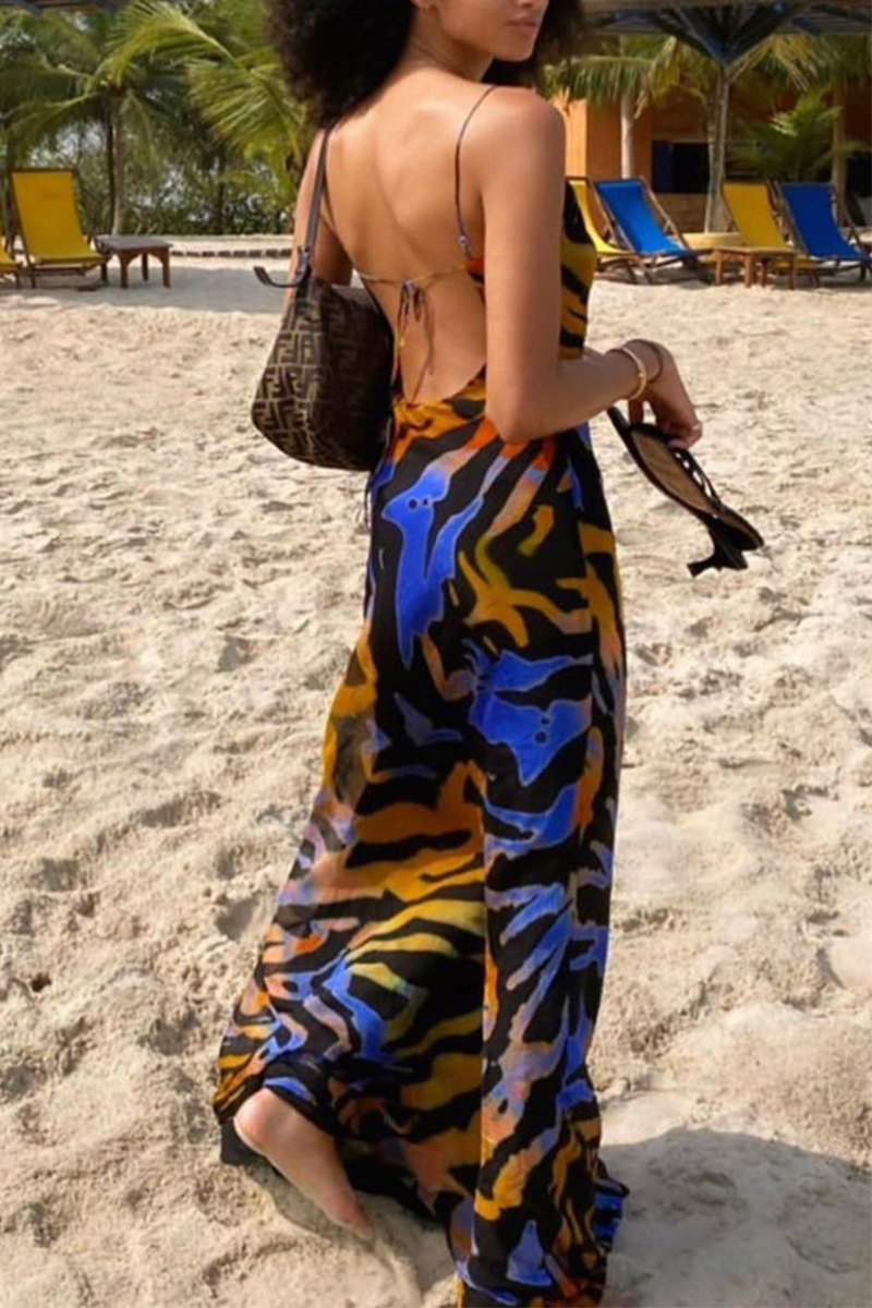 Sexy Print Patchwork Spaghetti Strap Pencil Skirt Dresses