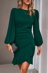 Ruched Ruffle Hem Solid Color Bodycon Dress