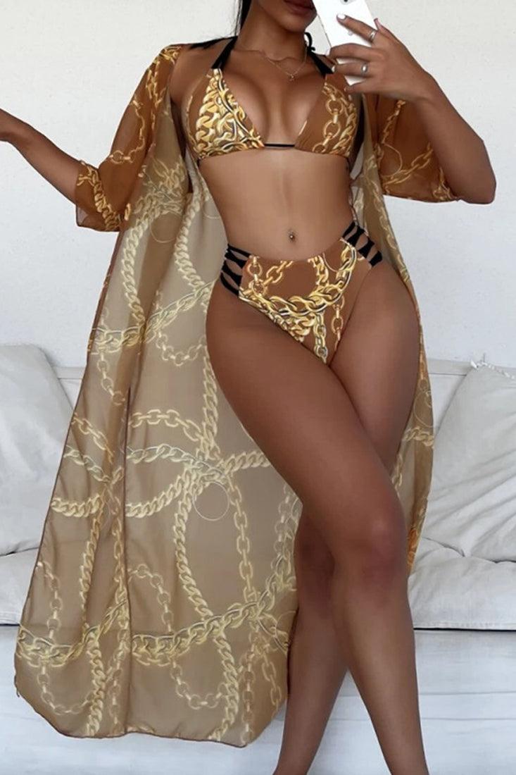 Beige Gold Chain Print Three Piece Swimsuit Areous