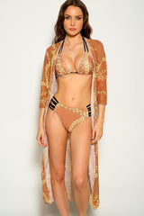 Beige Gold Chain Print Three Piece Swimsuit Areous