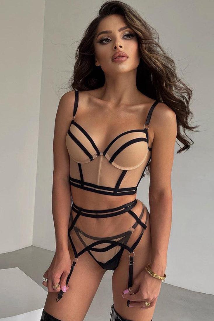 Beige Strappy Mesh Lingerie 3 Pc Set Areous