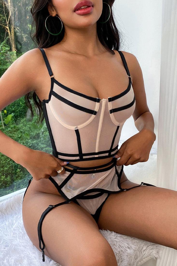 Beige Strappy Mesh Lingerie 3 Pc Set Areous