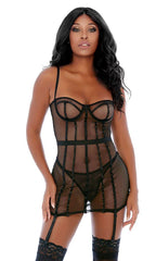 Black All The Cage Net Chemise Set Areous
