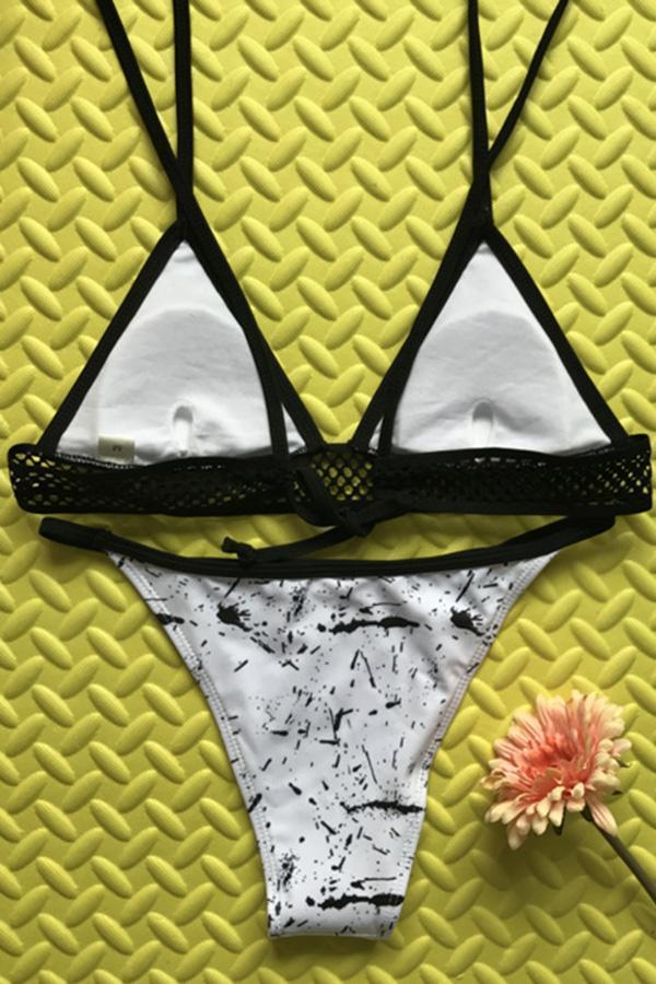 Black And White Splicing Mesh Bikini Set Areous