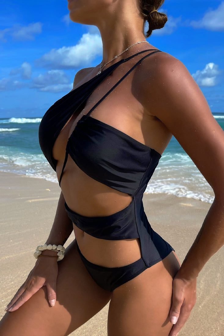 Black Asymmetric Cut Out One Shoulder One Pc Bikini Areous