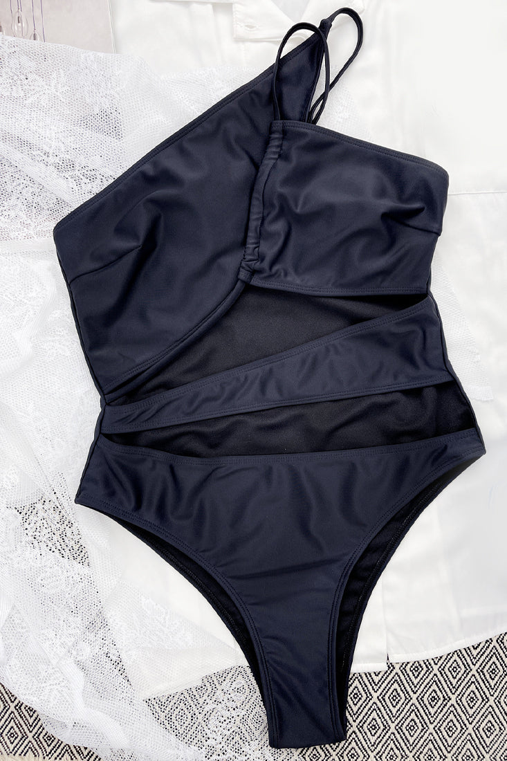 Black Asymmetric Cut Out One Shoulder One Pc Bikini Areous