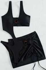 Black Asymmetric O-Ring Ruched Cover Up 2 Pc Bikini Set Areous