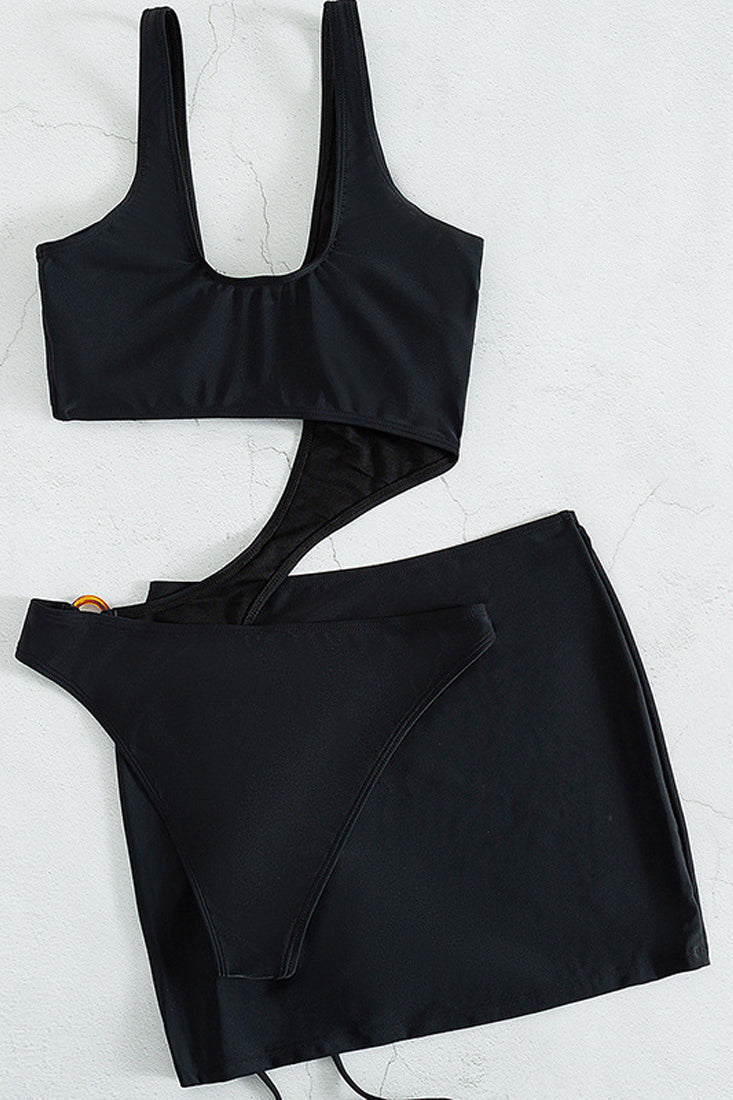 Black Asymmetric O-Ring Ruched Cover Up 2 Pc Bikini Set Areous