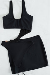 Black Asymmetric O-Ring Ruched Cover Up 2 Pc Bikini Set Areous