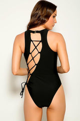 Black Back Lace Up Detail One Piece Monokini Areous