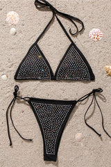 Black Blinged Out Rhinestone Strappy 2 Pc Swimsuit Areous