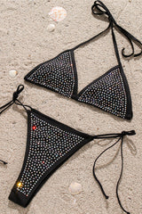 Black Blinged Out Rhinestone Strappy 2 Pc Swimsuit Areous