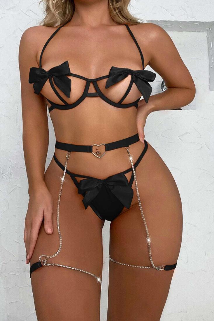 Black Bow Rhinestone Heart Garter 3 Pc Lingerie Set Areous