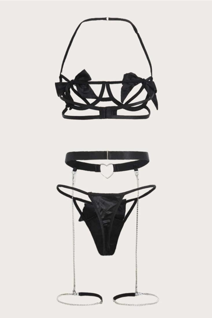 Black Bow Rhinestone Heart Garter 3 Pc Lingerie Set Areous