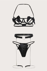 Black Bow Rhinestone Heart Garter 3 Pc Lingerie Set Areous
