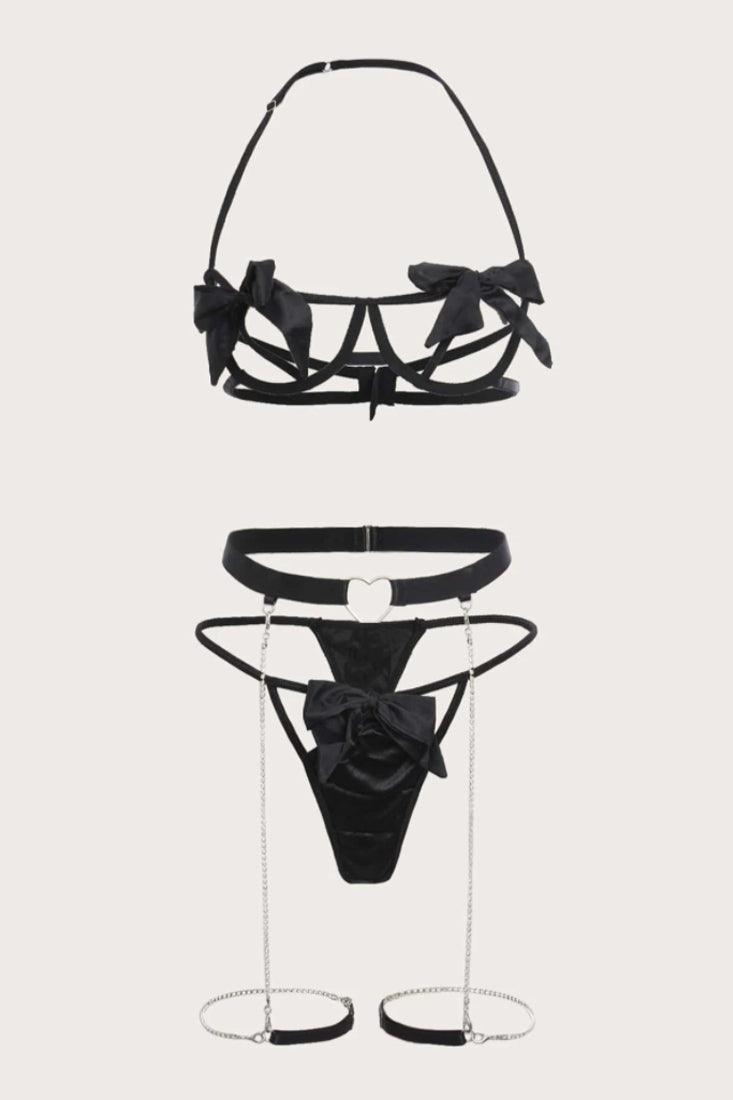 Black Bow Rhinestone Heart Garter 3 Pc Lingerie Set Areous