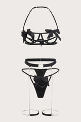 Black Bow Rhinestone Heart Garter 3 Pc Lingerie Set Areous