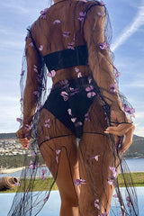Black Butterfly Print Mesh Four Piece Swimsuit Areous
