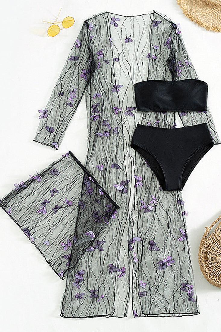 Black Butterfly Print Mesh Four Piece Swimsuit Areous