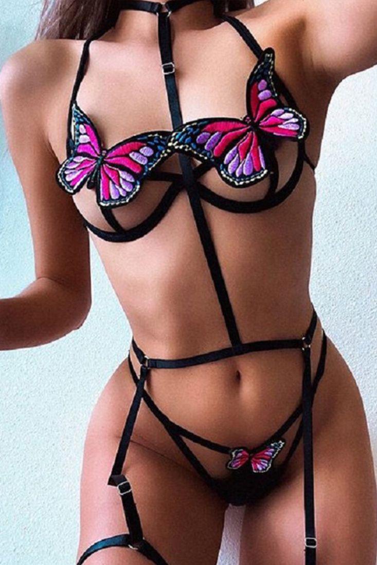 Black Butterfly Strappy Caged Gartered Thong Two Piece Lingerie Areous