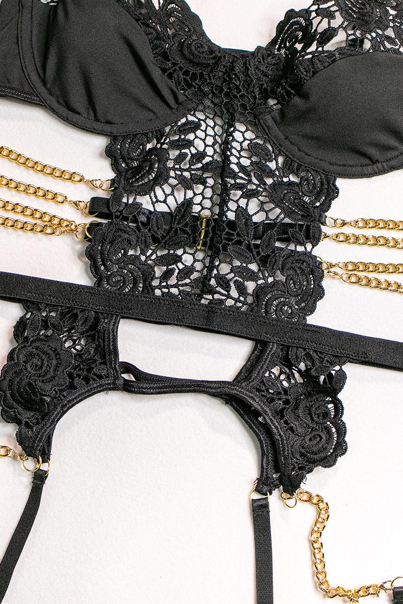 Black Chain Linked Floral Embroidered Underwire Garter Lingerie Set Areous