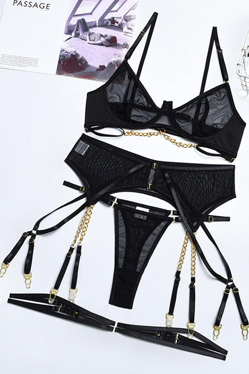 Black Chain Linked Mesh Underwire Garter Lingerie Set Areous