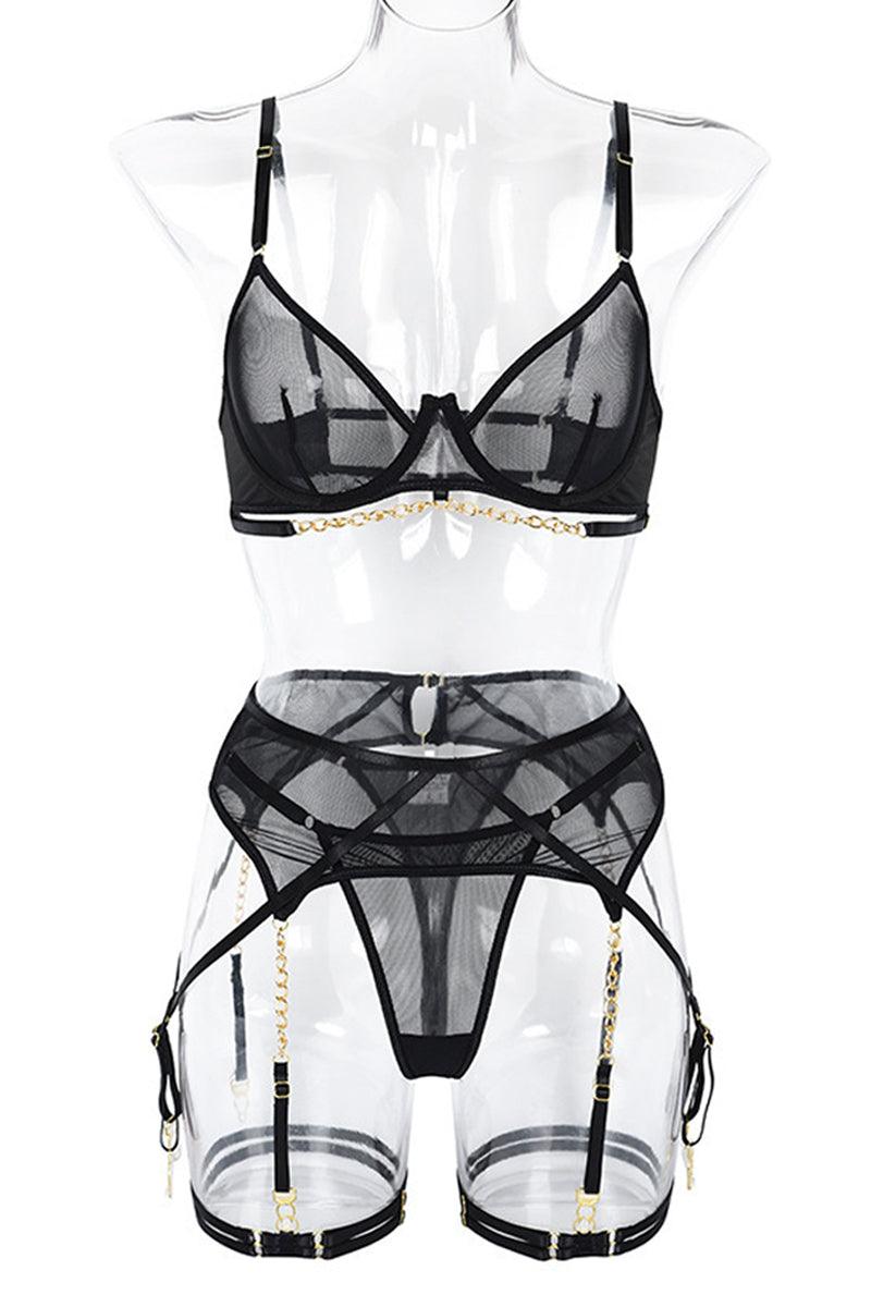 Black Chain Linked Mesh Underwire Garter Lingerie Set Areous