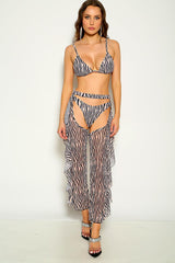 Black Coffee Triangle Cheeky Mesh Chaps Three Piece Swimsuit Set Areous