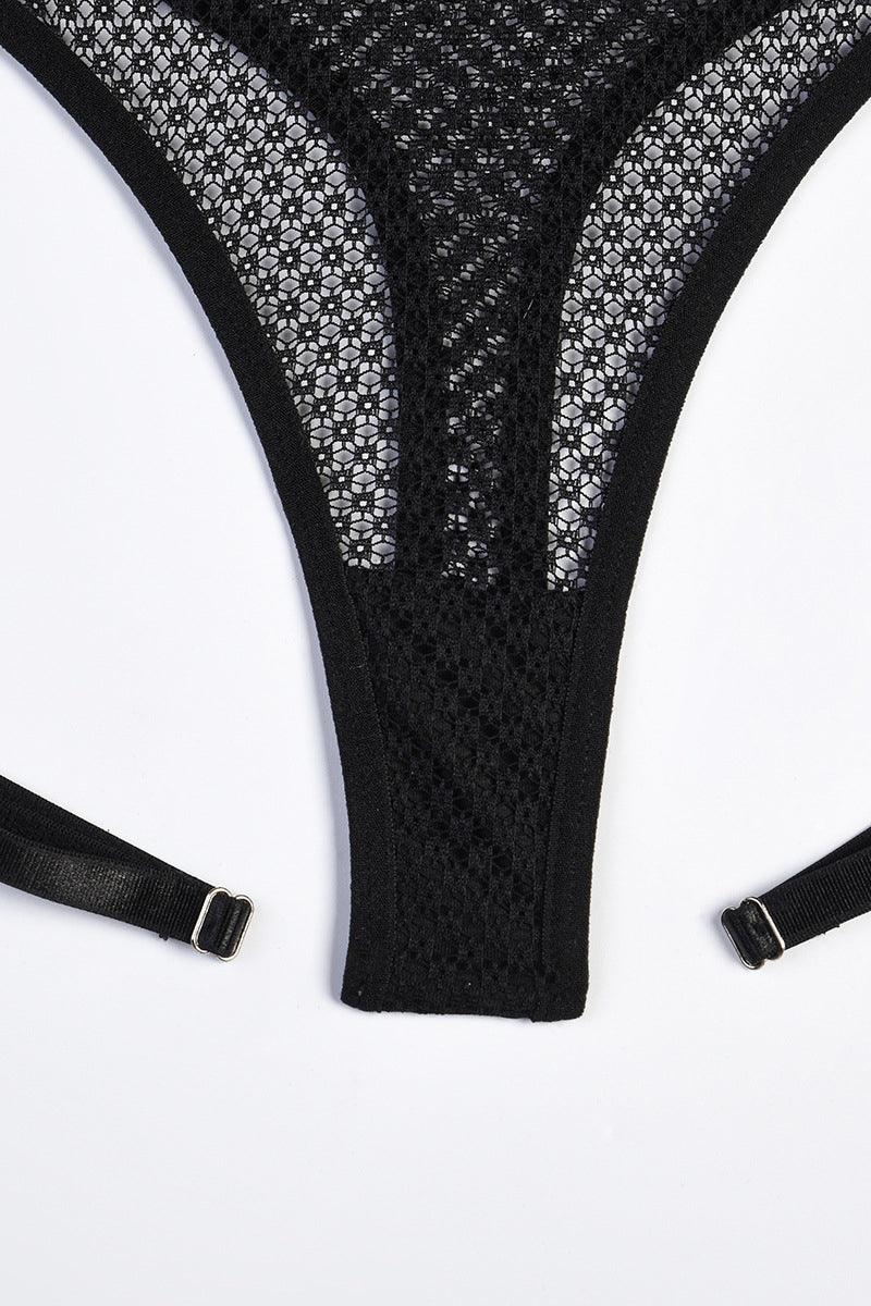 Black Cut Out Mesh Underwire Elastic Garter Lingerie 4 Pc Set Areous