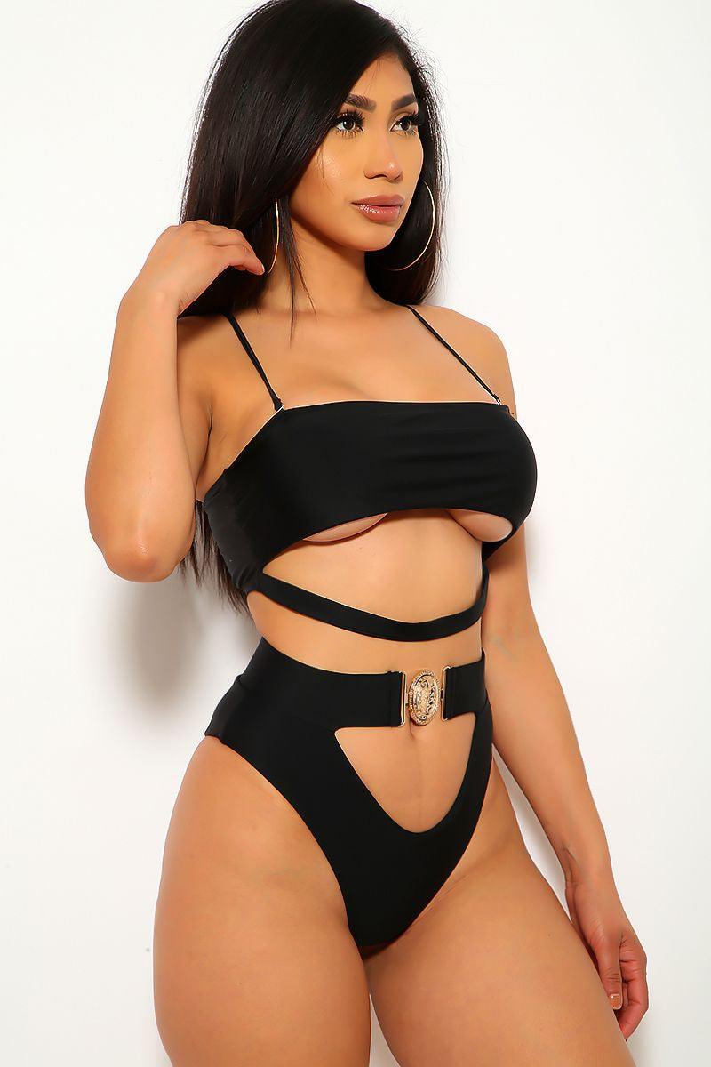 Black Cut Out Padded Two Piece Swimsuit Areous