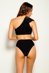 Black Cut Out Ruffled One Shoulder Two Piece Swimsuit Areous