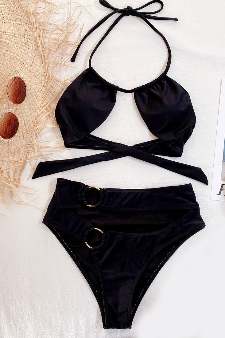 Black Double O-Ring Hollow Out 2 Pc Swimsuit Areous