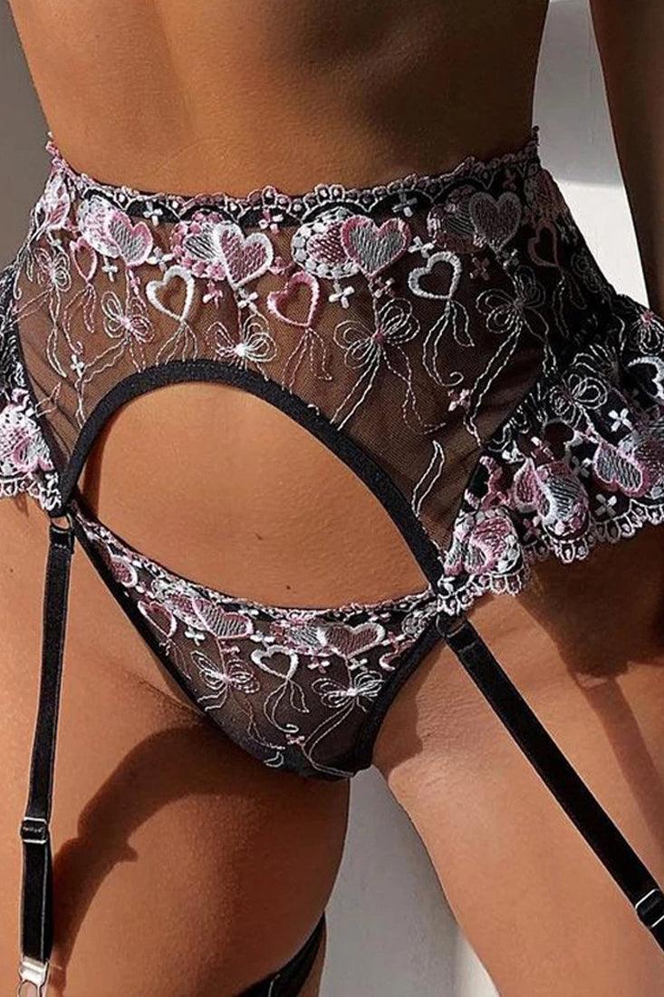 Black Embroidered Heart Criss Cross Mesh 3 Pc Lingerie Set Areous