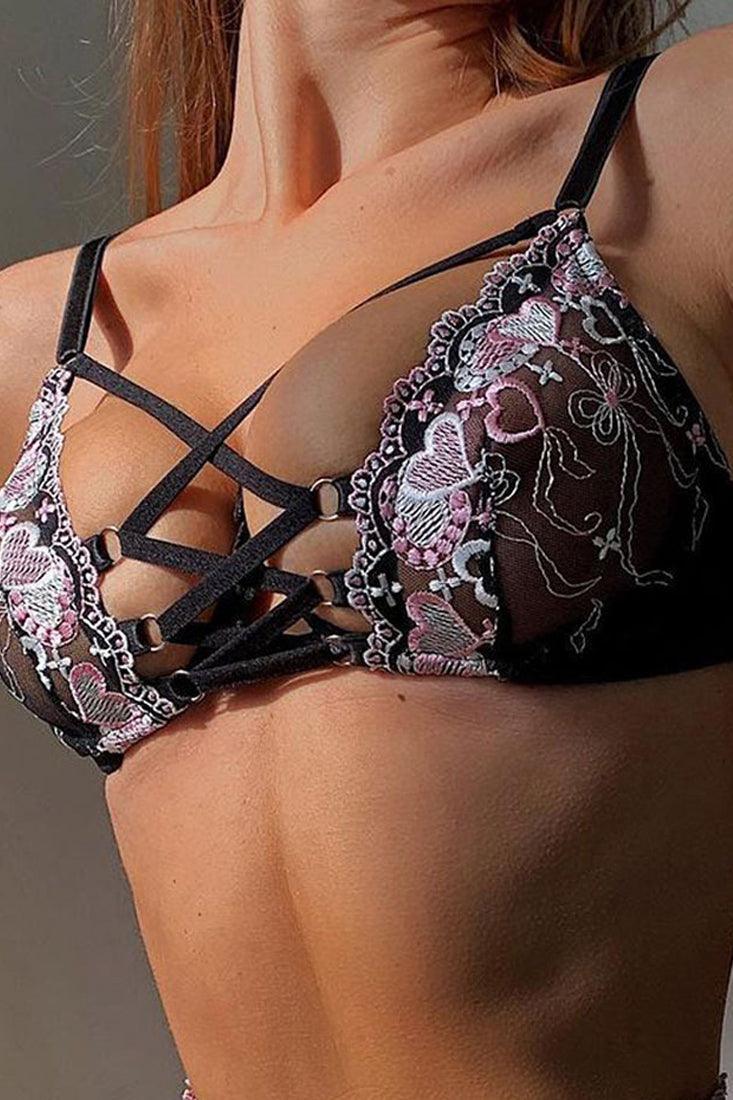 Black Embroidered Heart Criss Cross Mesh 3 Pc Lingerie Set Areous