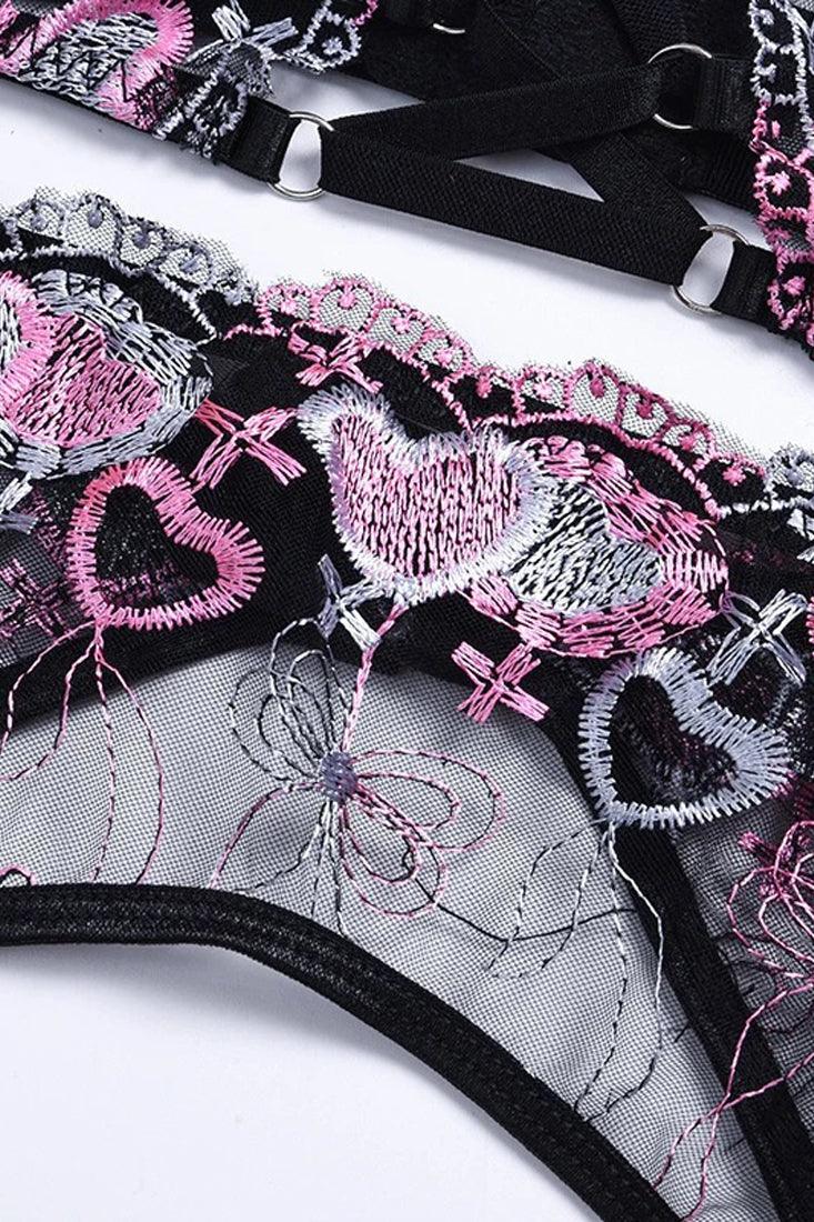 Black Embroidered Heart Criss Cross Mesh 3 Pc Lingerie Set Areous
