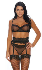 Black Fishnet Three Piece Intimate Set Areous