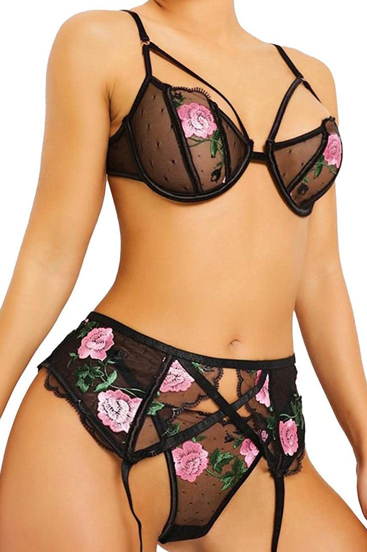 Black Floral Embroidered Caged Three Piece Lingerie Areous
