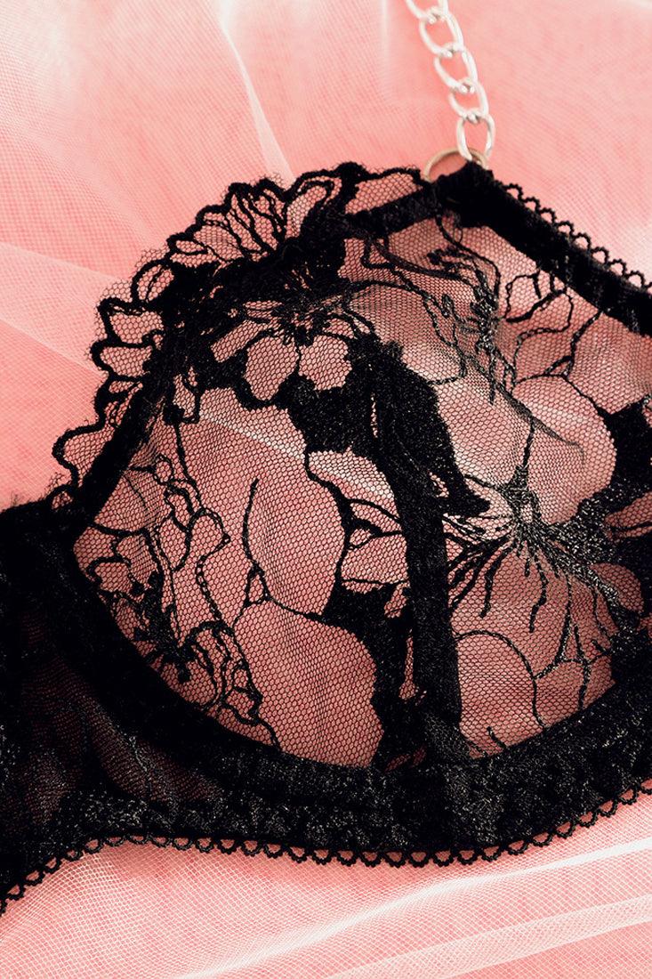 Black Floral Lace Chain Accent Garter Underwire Lingerie Set Areous