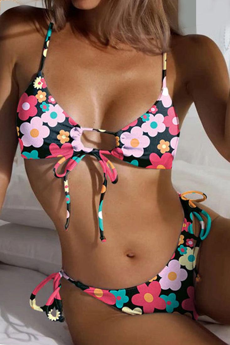 Black Floral Print Cheeky Two Piece Swimsuit Areous