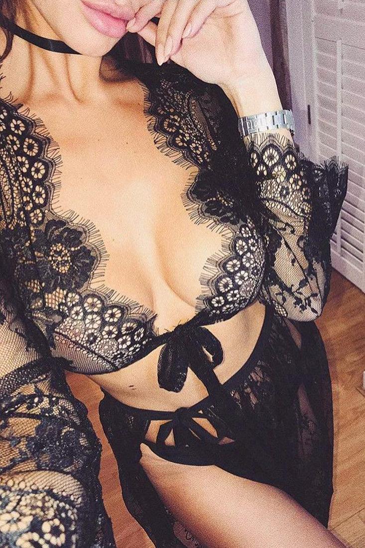 Black Frayed Trim Mesh Long Sleeve Lingerie Set Areous