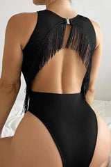 Black Fringe Cut Out One Piece Monokini Areous