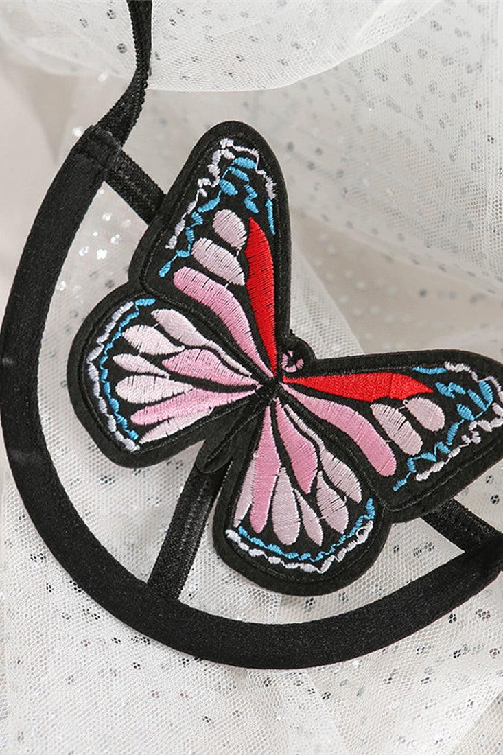 Black Halter Butterfly Embroidered Strappy 2 Pc Lingerie Set Areous