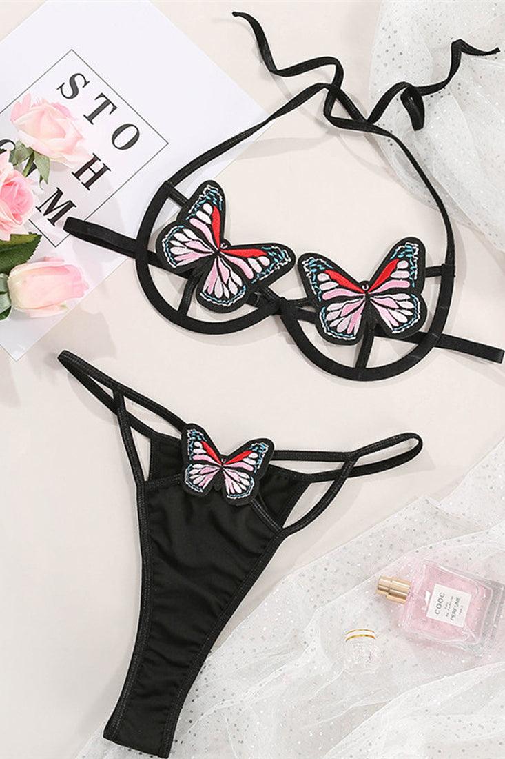 Black Halter Butterfly Embroidered Strappy 2 Pc Lingerie Set Areous