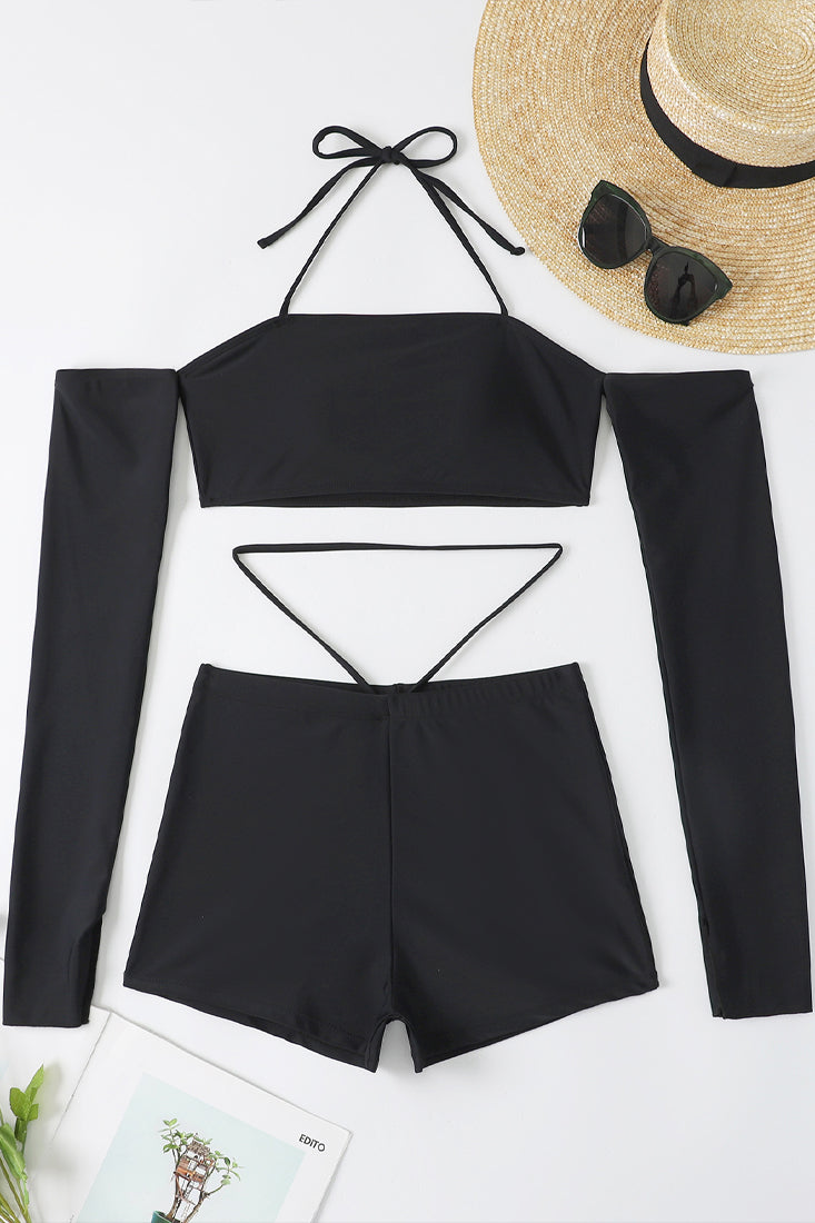 Black Halter Off Shoulder Strappy Shorts 2 Pc Swim Set Areous