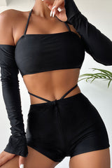 Black Halter Off Shoulder Strappy Shorts 2 Pc Swim Set Areous