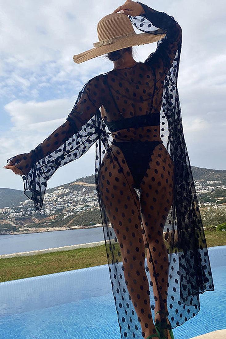 Black Halter Ring High Cut Dot Mesh Cover Up Three Piece Swimsuit Set Areous