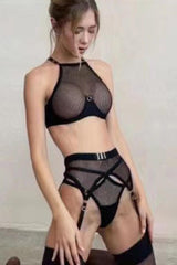 Black Halter See Through Mesh Backless Lingerie Set Areous