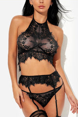 Black Halter Sheer Mesh Garter Lingerie Set Areous
